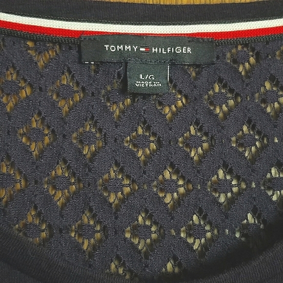 Tommy Hilfiger Blue Knit Short Sleeve Lace Star Top Size L - Picture 2 of 7